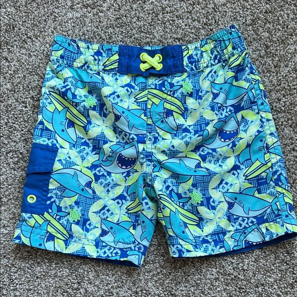 UV Skinz Toddler Boys Shark Print Swim Shorts, Blue/Green, Size 2T, UPF 50+